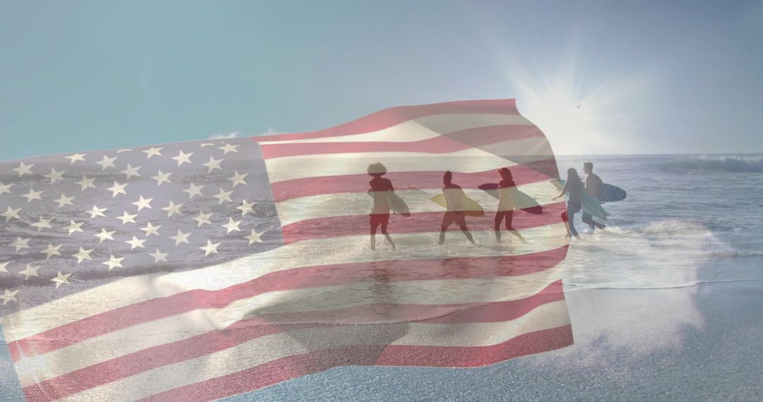 Surfers Walking at Dawn with American Flag Overlay Symbolizing Unity
