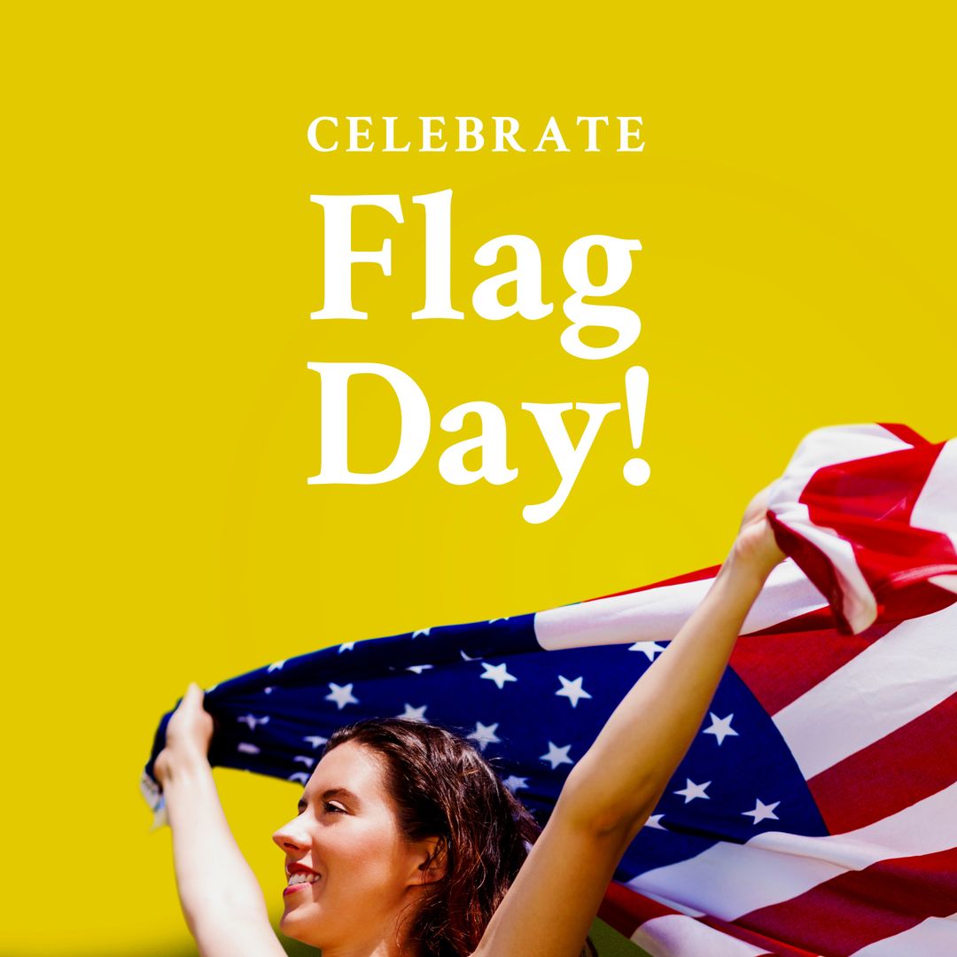 Smiling Woman Celebrating Flag Day with American Flag on Yellow Background