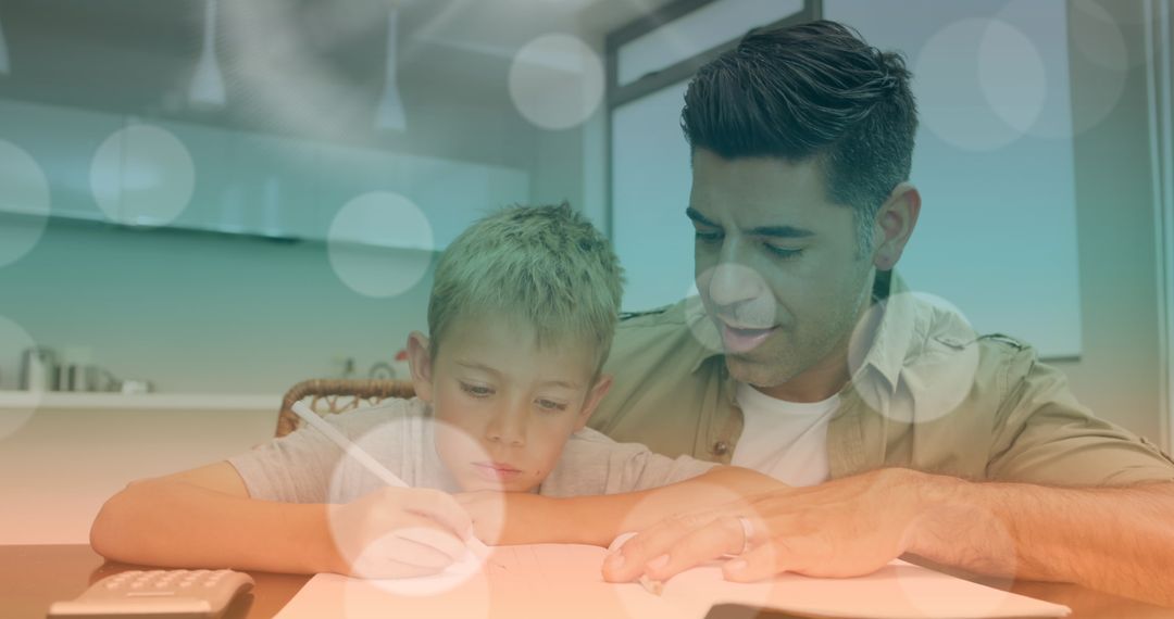 Father Teaching Son at Home Amid Modern Bokeh Effect