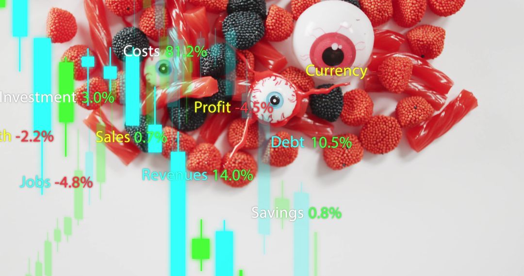 Red Black Candy Pile with Eyeballs Displaying Candlestick Finance Data Overlay