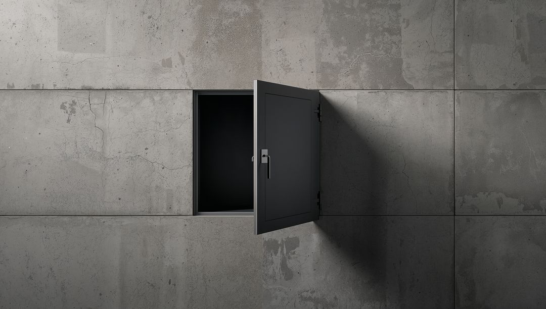 Open metal access hatch swinging on concrete wall exposing dark cavity and dramatic shadow