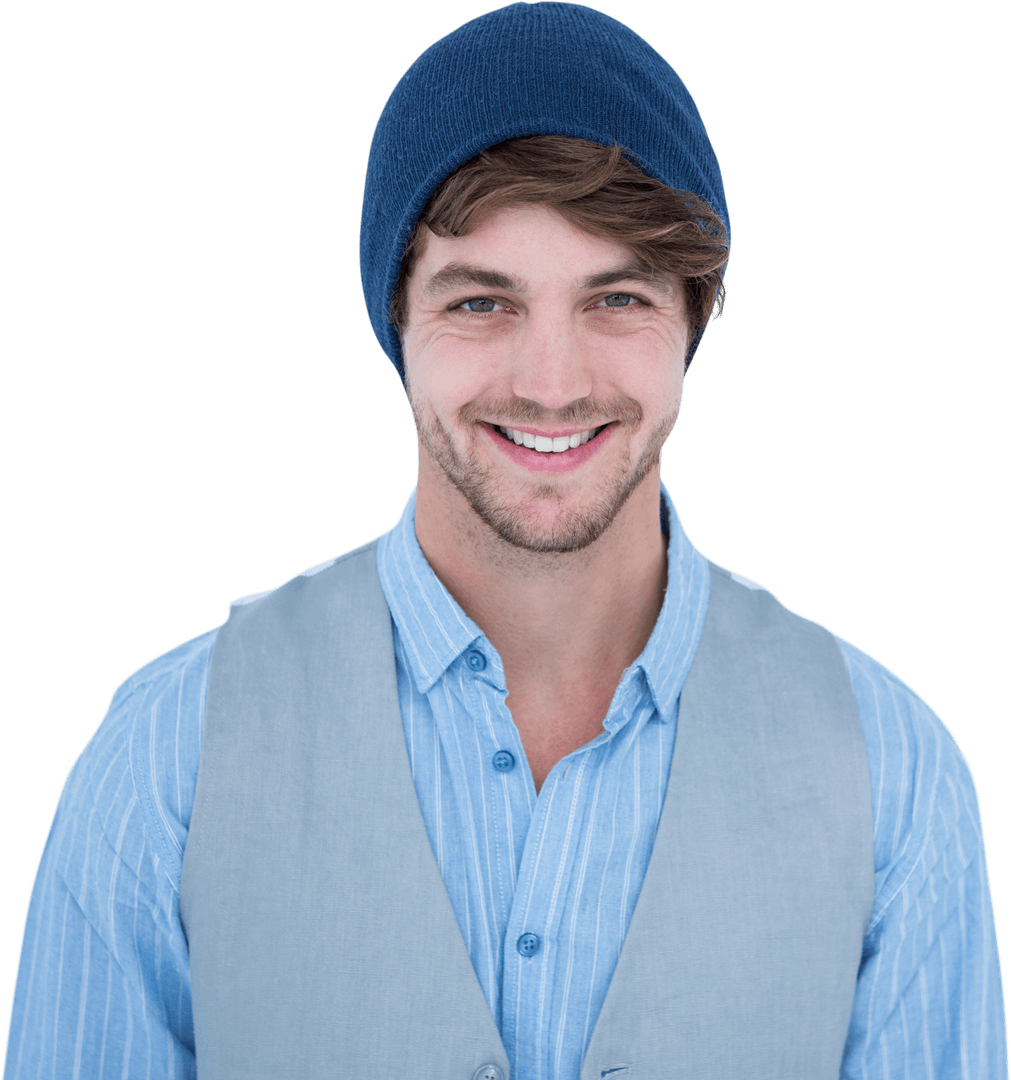 Smiling Young Man with Blue Beanie on Transparent Background