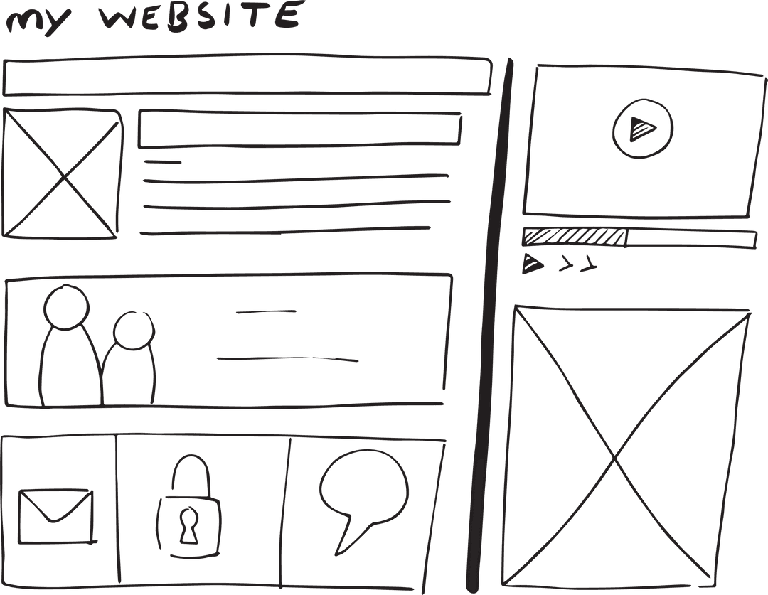 Digital PNG Sketch Website Layout Interface on Transparent Background