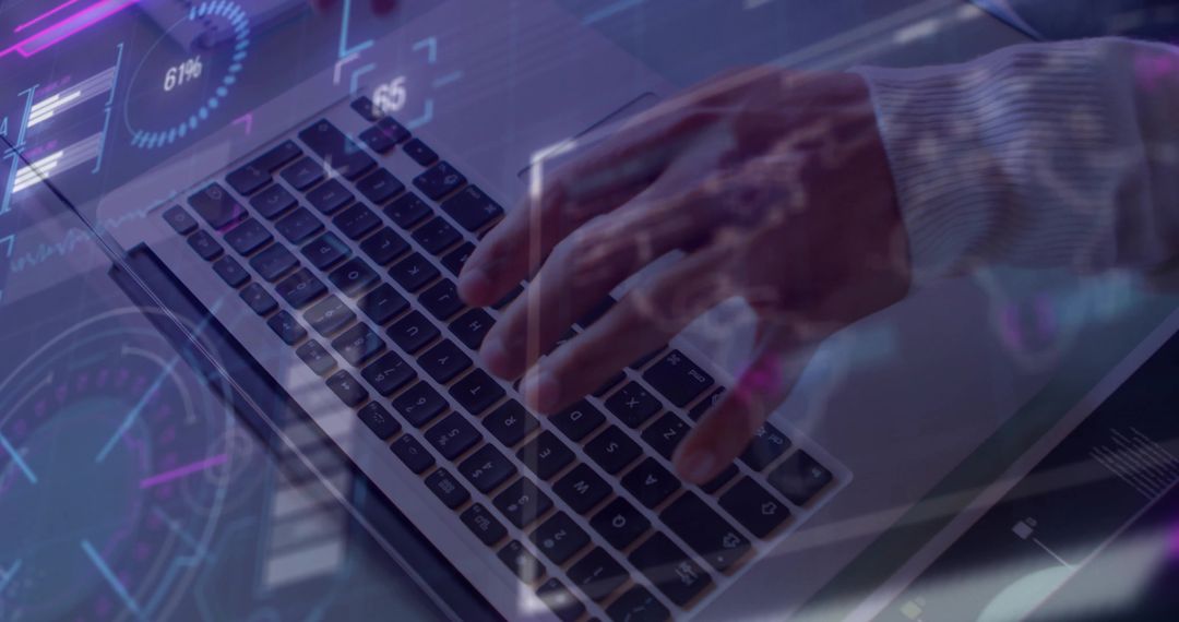 Professional Hands Typing with Futuristic Digital Interface Overlay