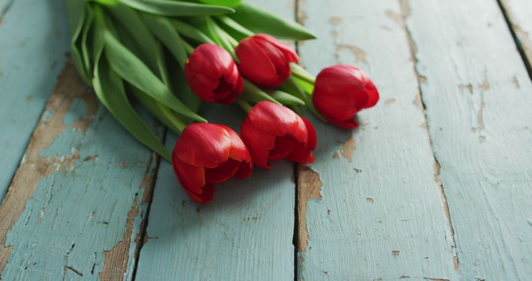 Red Tulips on Rustic Wooden Surface