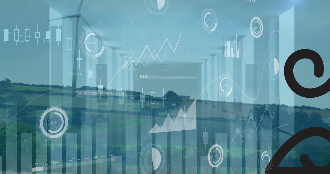 Wind Turbines with Data Overlays in Scenic Rural Landscape