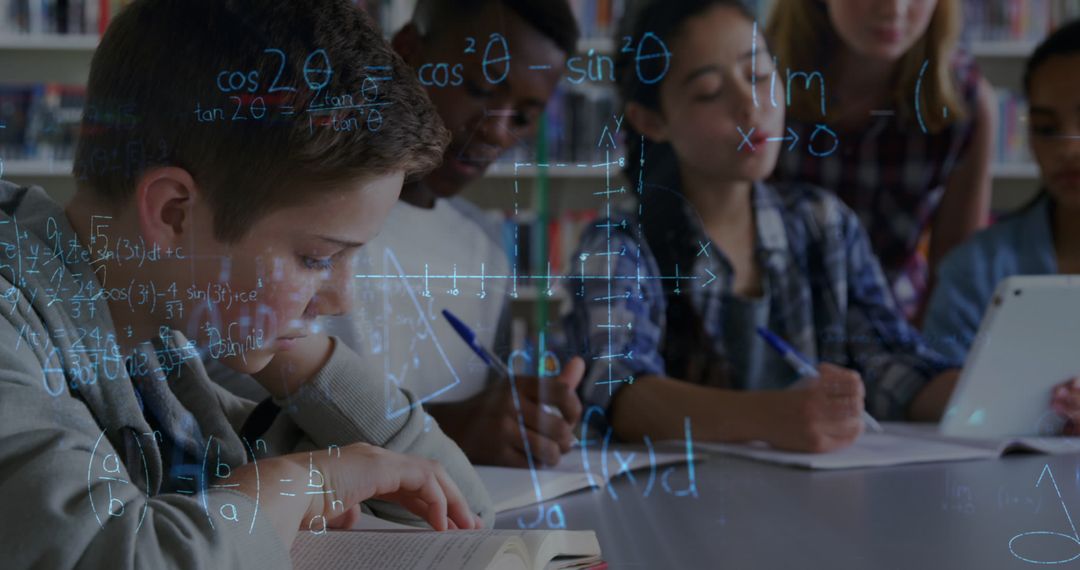 Image of mathematical equations over school children using tablet in classroom - Free Images, Stock Photos and Pictures on Pikwizard.com