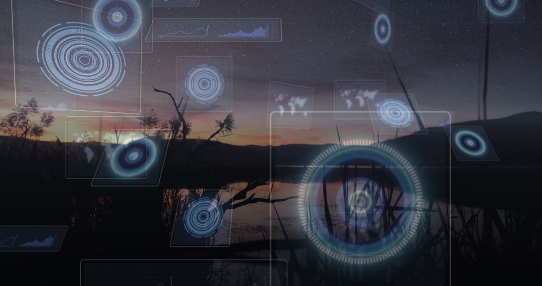 Futuristic Holographic Data Interface Over Serene Lakeshore