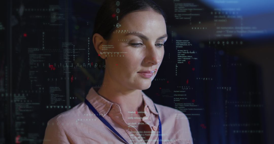 Female IT Engineer Analyzing Cyber Data in Server Room
