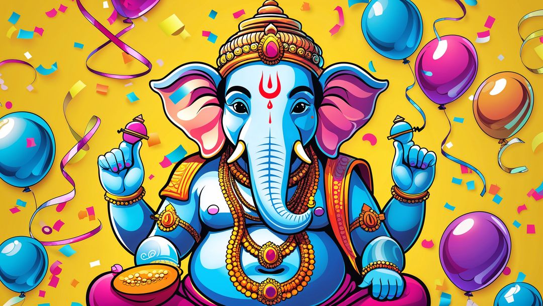 Festive Illustration of Ganesha with Modak and Vibrant Decorations