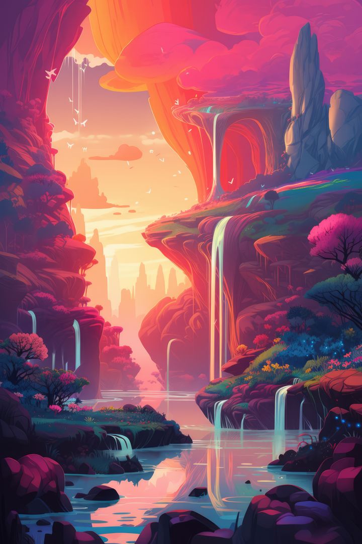 Fantasy landscape with waterfalls, river, trees and mountains created using generative ai technology - Free Images, Stock Photos and Pictures on Pikwizard.com