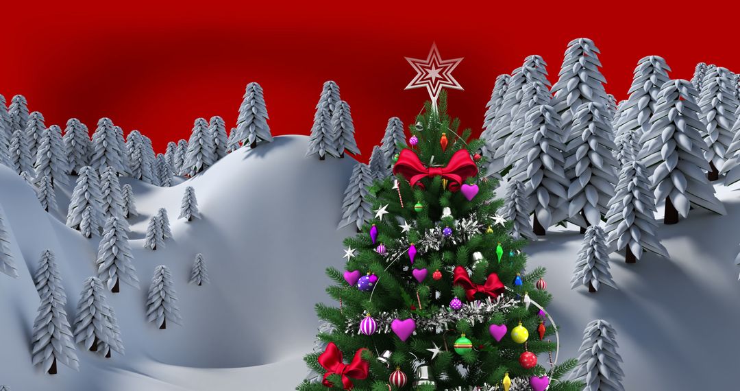 Christmas Tree in Snowy Winter Wonderland on Red Background