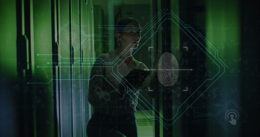 Biometric Fingerprint with Female IT Engineer and Servers