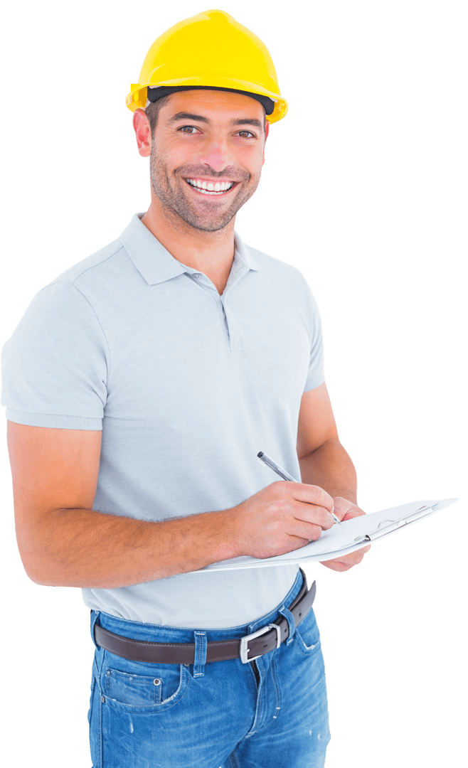 Smiling Manual Worker With Hard Hat Writing on Transparent Clipboard