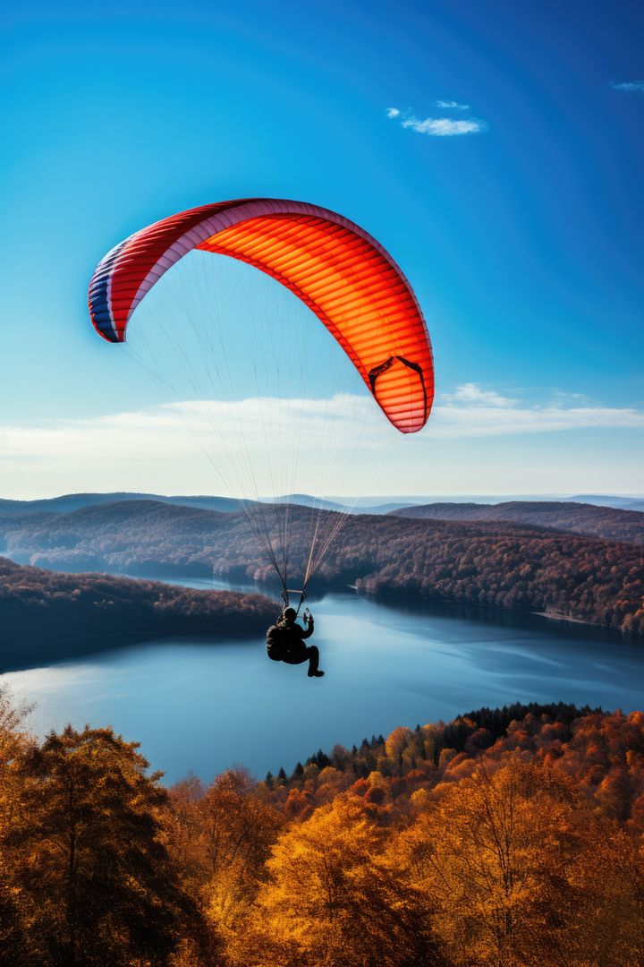 Paraglider drifting over countryside landscape with blue sky, created using generative ai technology - Free Images, Stock Photos and Pictures on Pikwizard.com