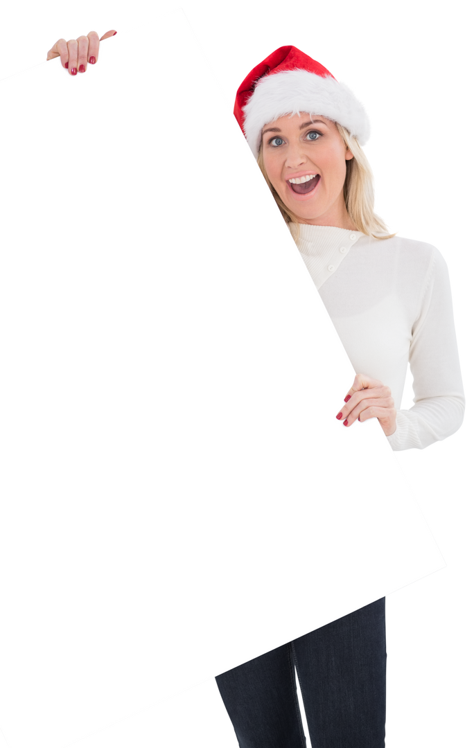 Festive Blonde Woman Holding Transparent Poster for Holiday Advertising - Download Free Stock Images Pikwizard.com