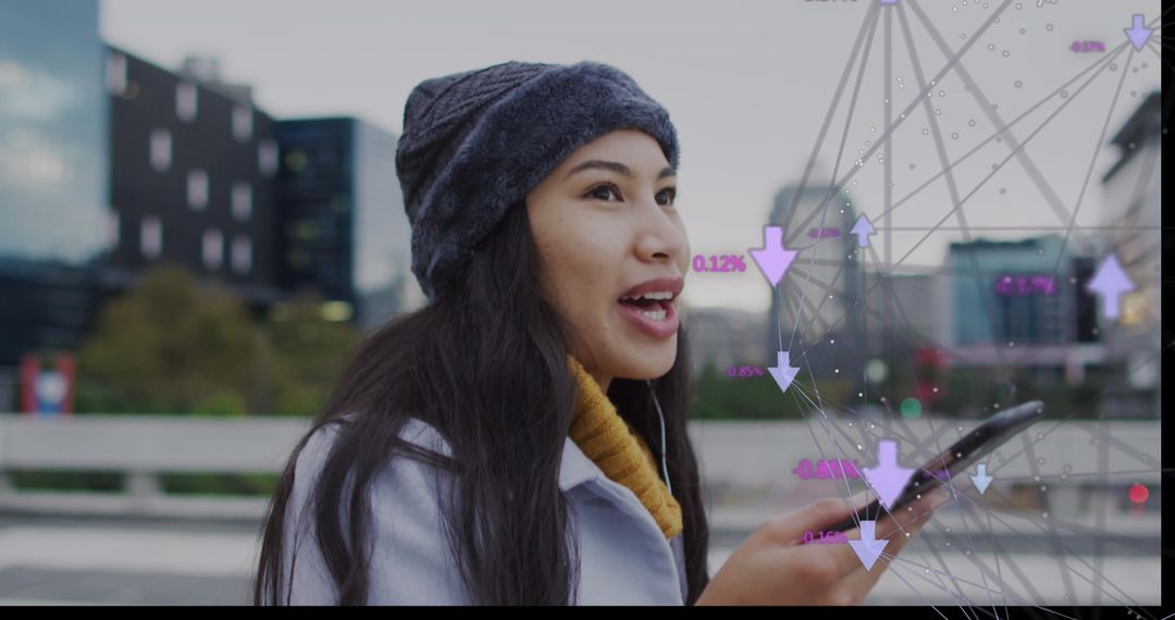 Woman Using Smartphone with Digital Business and Social Media Icons Overlay