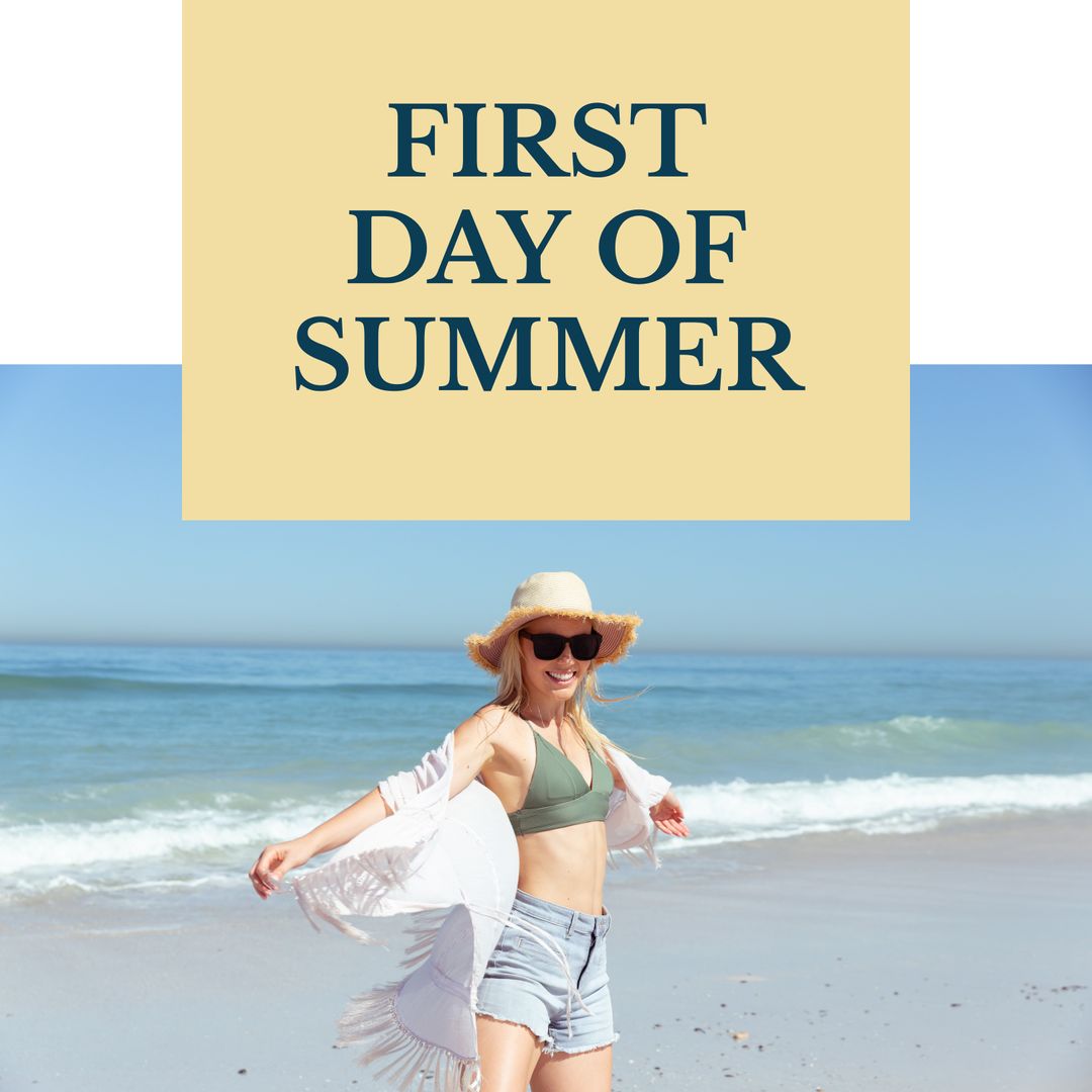 Joyful Young Woman Embracing First Day of Summer at Beach