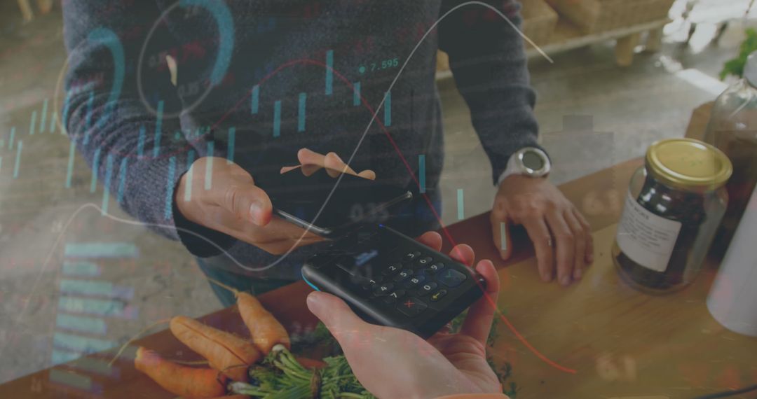 Man Making Digital Payment Via Smartphone with Data Overlay