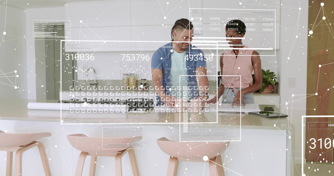 Team collaborating with augmented reality interface on kitchen island for home planning