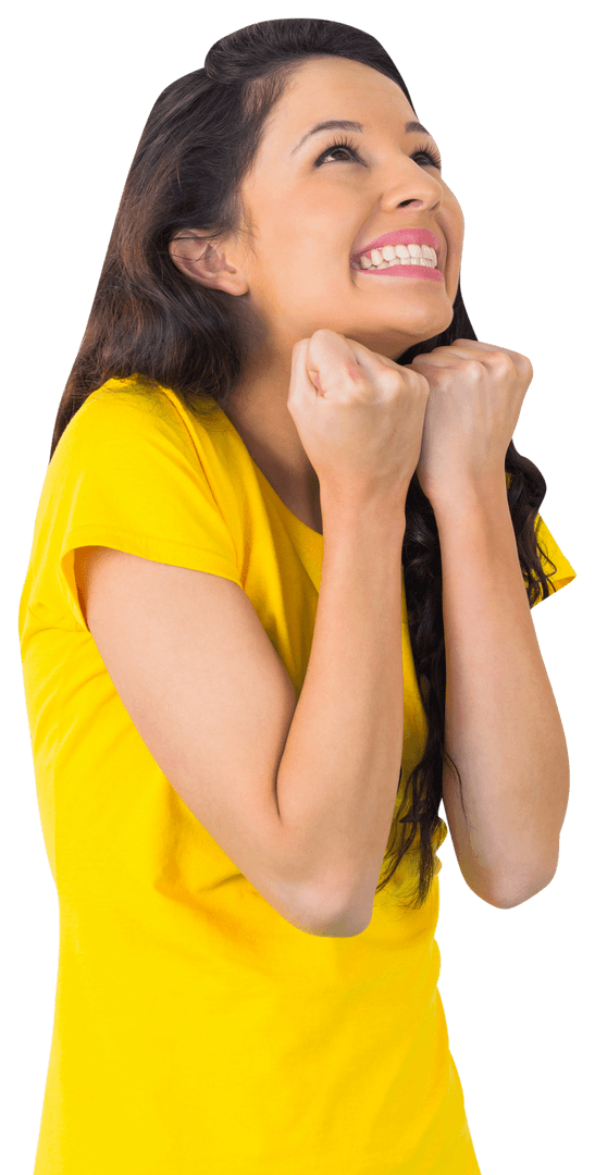 Excited Young Woman Expressing Joy with Upturned Palms on Transparent Background