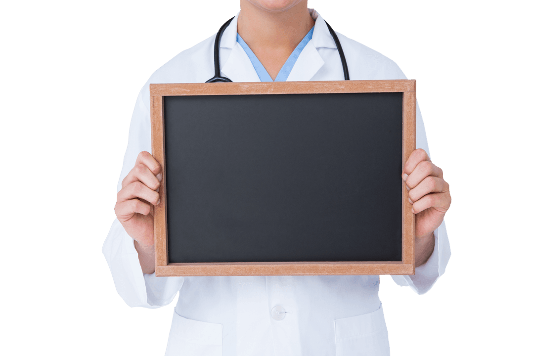 Transparent Doctor Holding Blank Blackboard for Medical Messages
