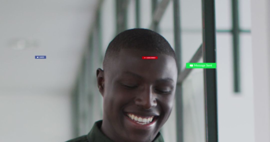 Smiling Businessman Engages with Digital World