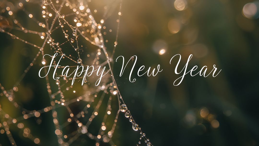 Glistening Dewy Spider Web with Golden Bokeh and Elegant 'Happy New Year' Cursive Overlay