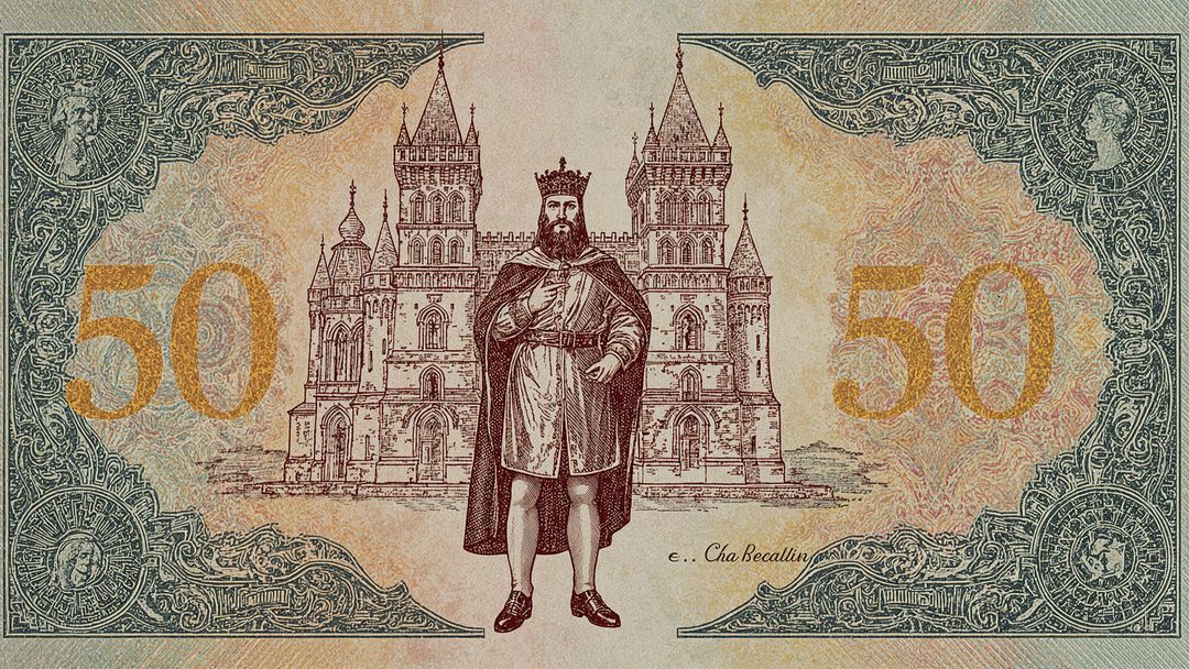 Medieval King with Jeweled Crown Before Majestic Castle