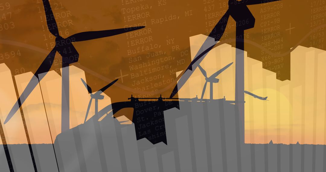 Wind Turbines with Data Overlay Symbolizing Green Energy Statistics