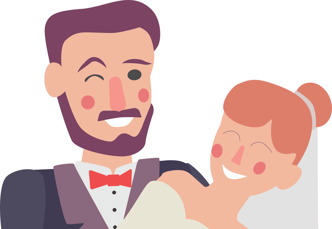 Cartoon Newlywed Couple Posing on Transparent Background