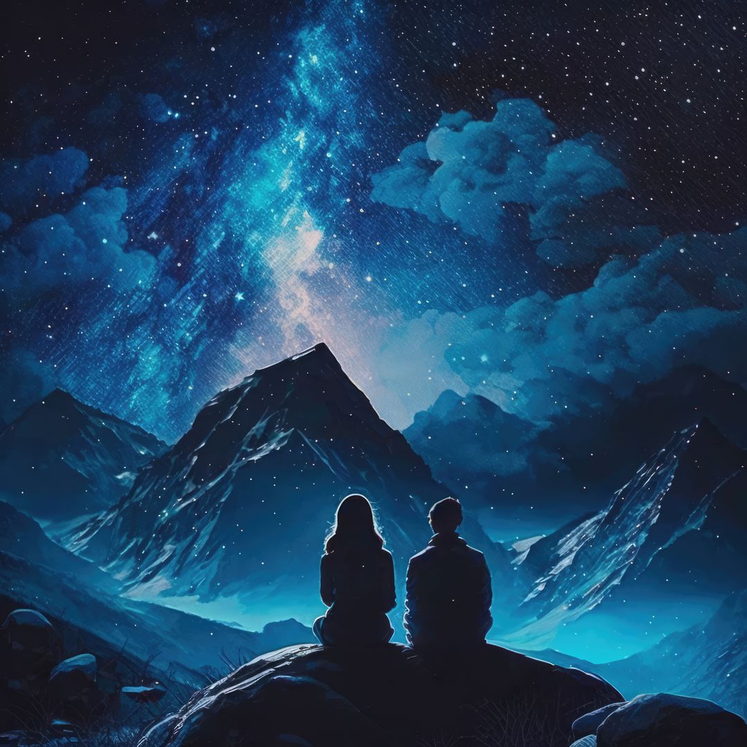 Couple Stargazing Amid Majestic Mountains Under Starry Night Sky - Free Images, Stock Photos and Pictures on Pikwizard.com