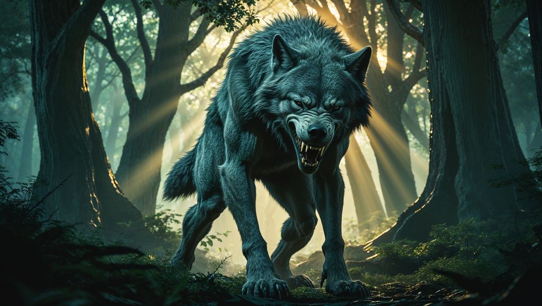 Grey werewolf snarling in sunlit forest