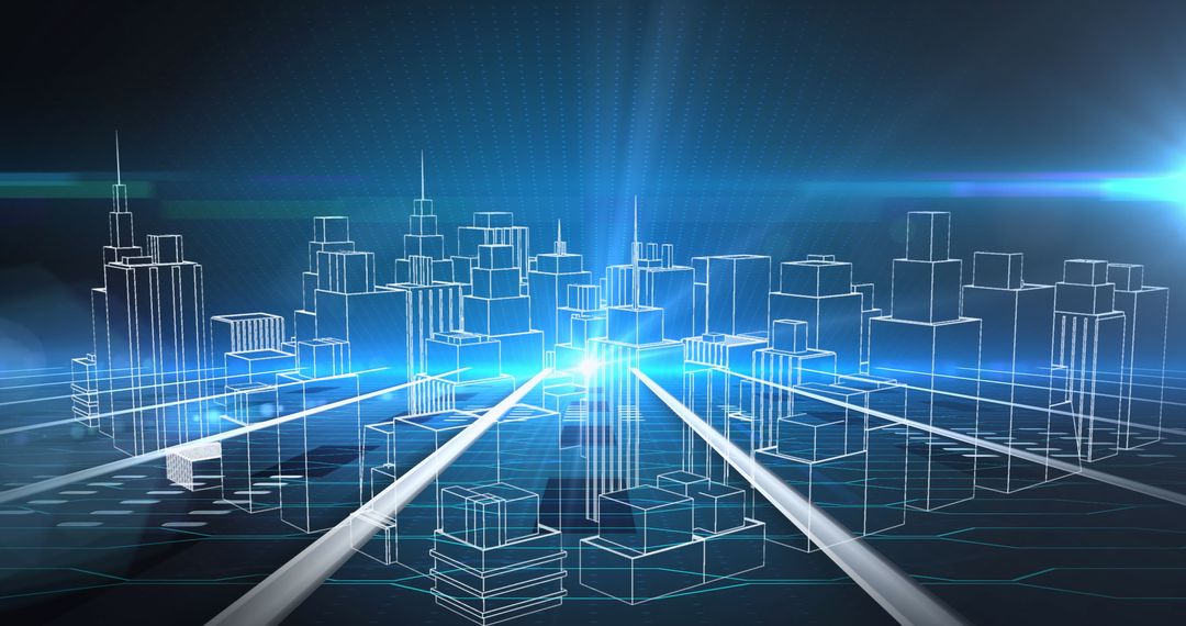 Futuristic 3D City Model with Digital Interface Background