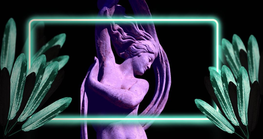 Elegant Purple Statue Art Framed by Neon Lights with Leaf Accents