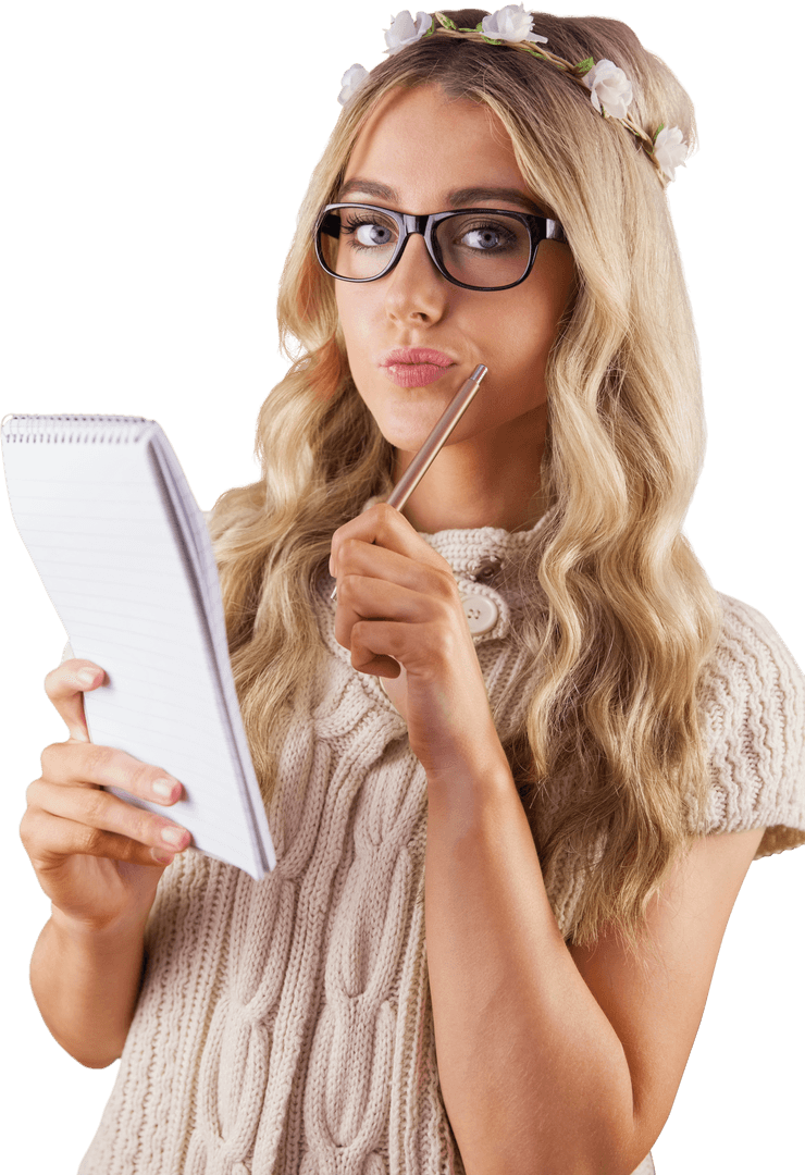 Pensive Woman Wearing Glasses with Notepad on Transparent Background