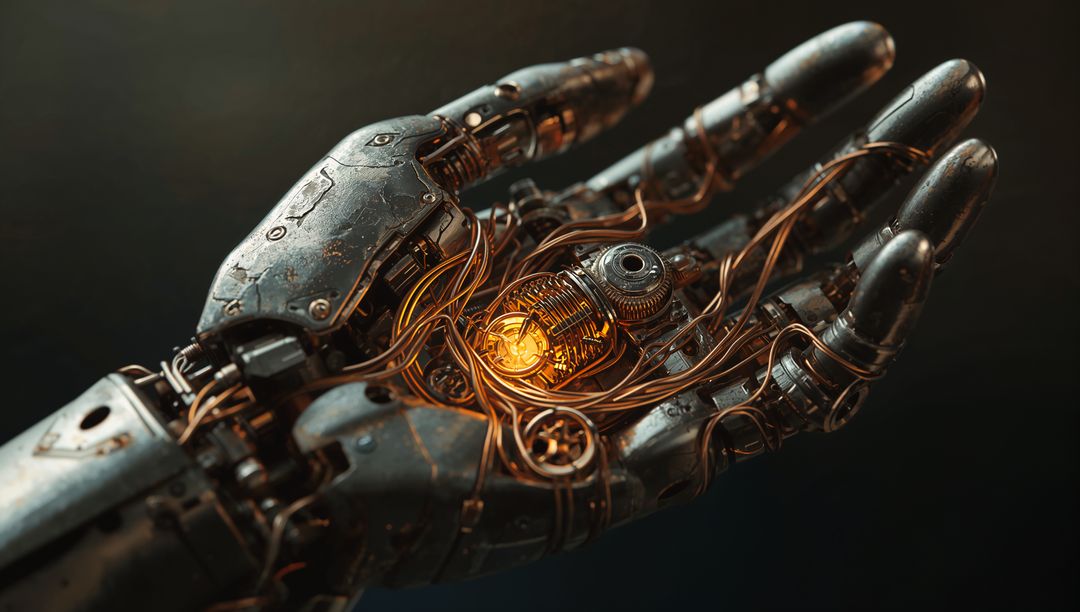 Weathered Robotic Hand Cradling Glowing Amber Power Core, Copper Wiring, Mechanical Gears