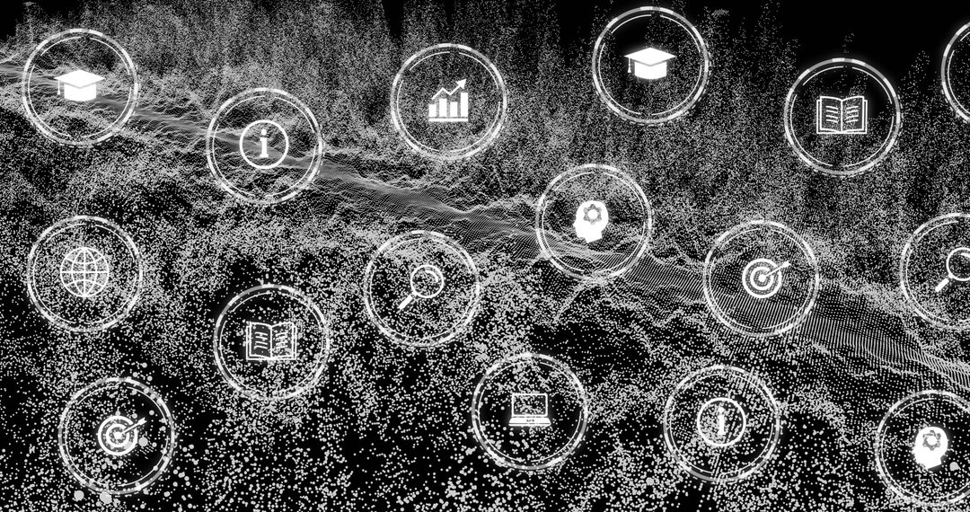 Digital Network with Global Connectivity Icons on Black Background