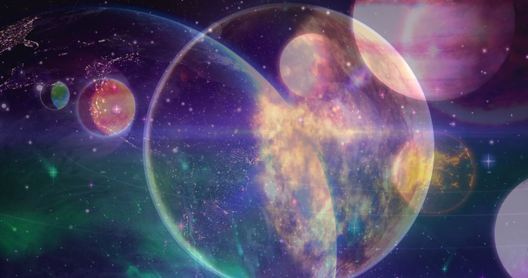 Vibrant Cosmic Landscape with Twinkling Stars and Planetary Orbs