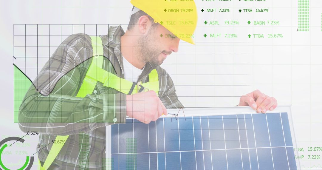 Engineer in Hard Hat Adjusting Solar Panel with Financial Analytics Overlay