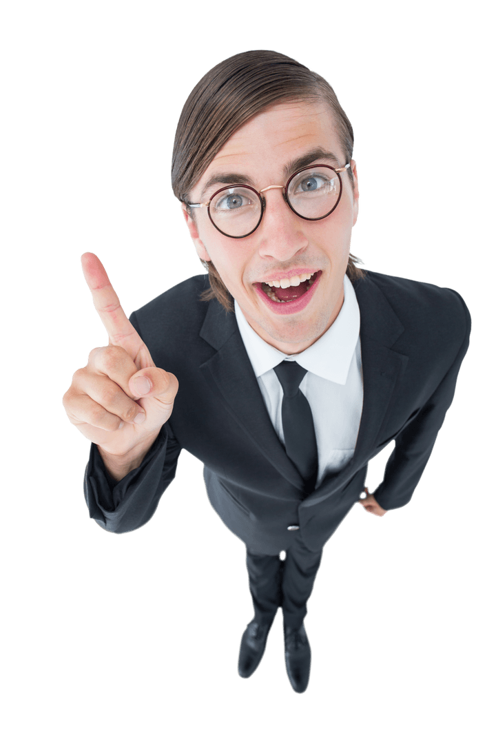 Transparent Suit-Wearing Male Pointing Up with Expression