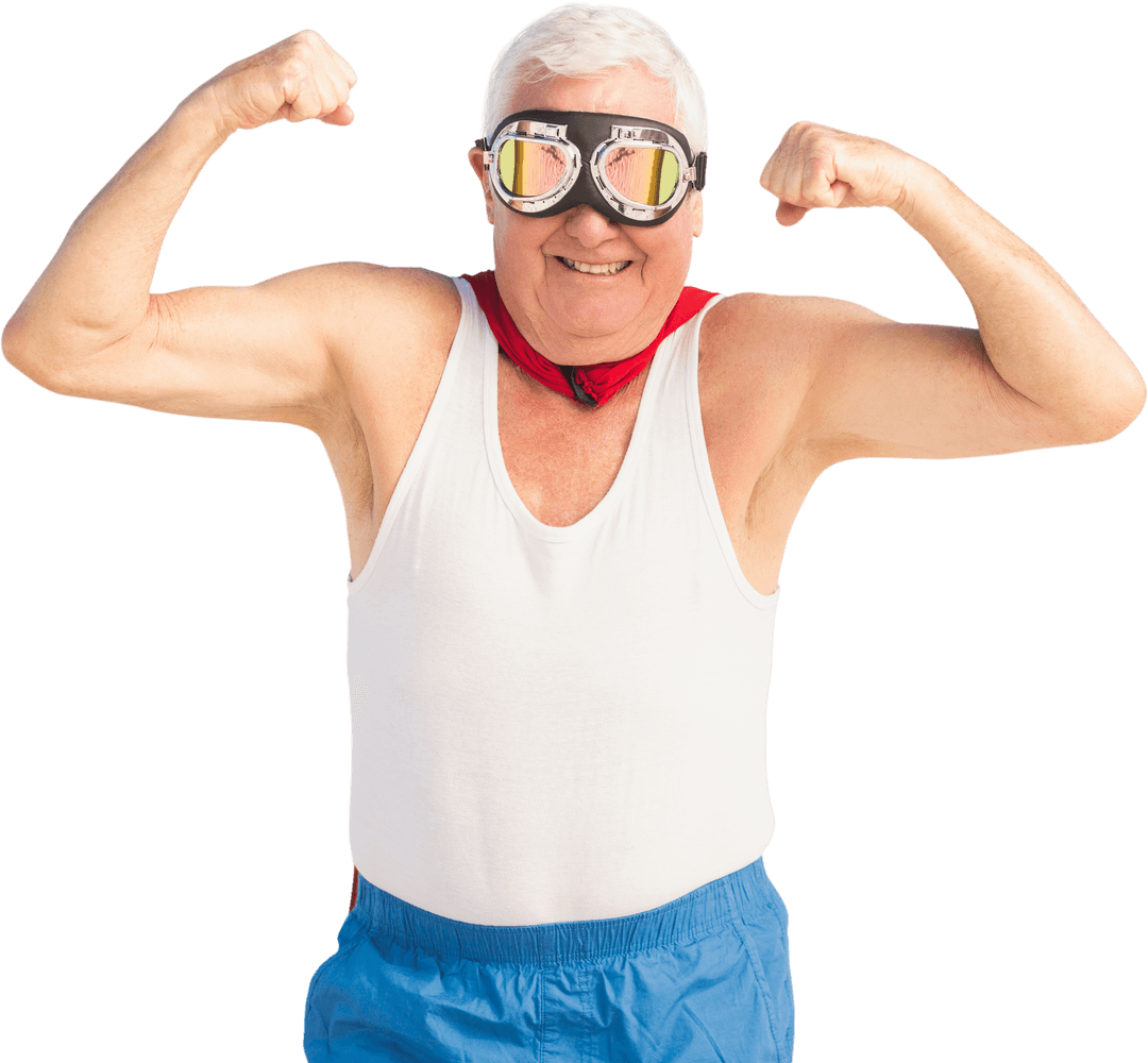 Cheerful Senior Man Flexing Muscles in Transparent Background