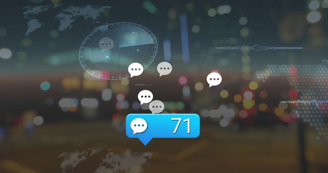 Digital Messaging Icons Amid Cityscape Lights