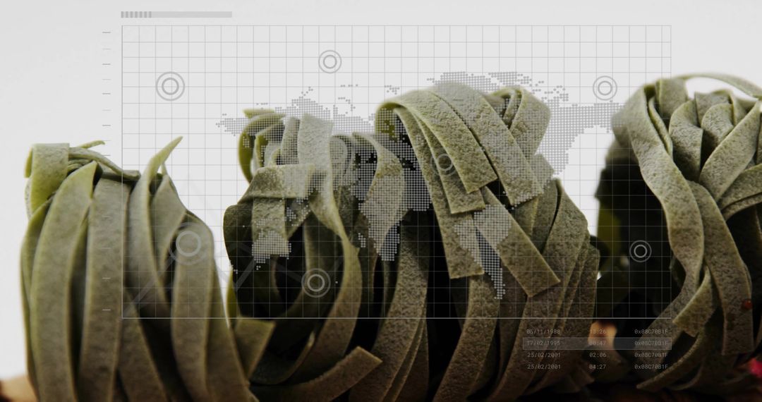 Showing spinach tagliatelle nests aligned with dotted world map overlay and data grid