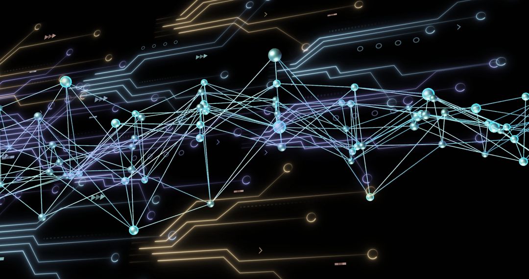 Futuristic Digital Network Mesh with Glowing Spheres and Circuits