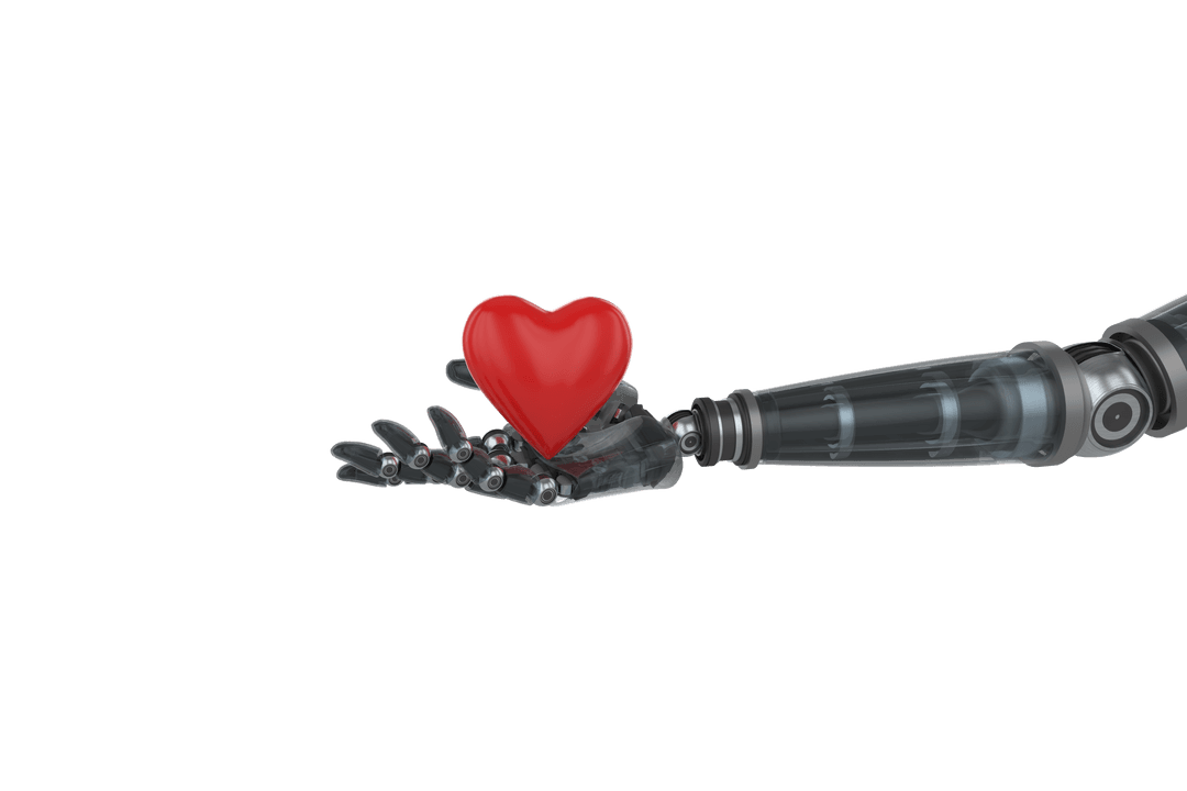 Transparent Cyborg Hand Holding Red Heart Symbolizing Technology Compassion
