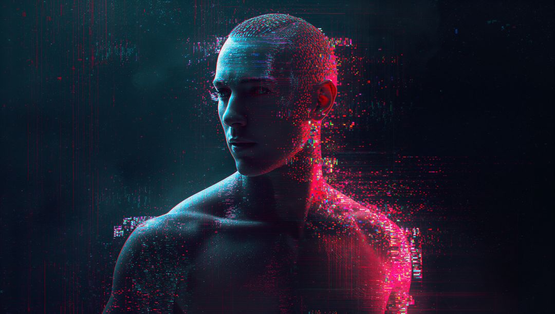 Digital Dissolution of Male Form in Neon Cyber Void