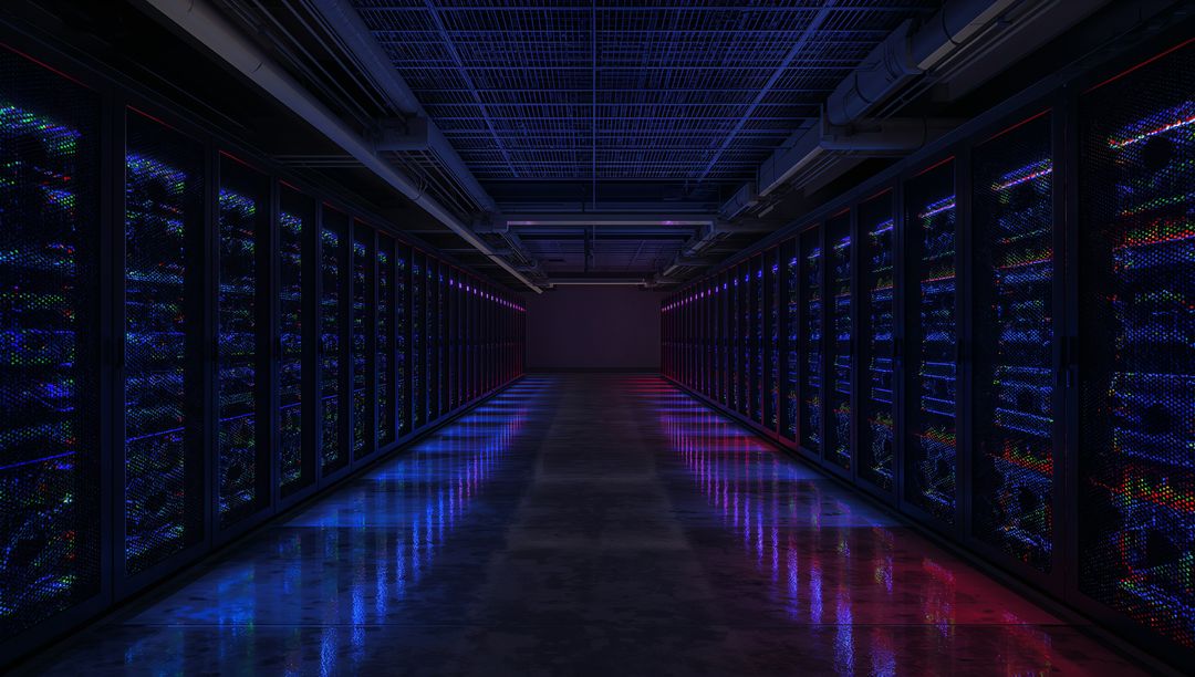 Futuristic Data Center Corridor Reflecting Neon LED Strips with Server Rack Symmetry