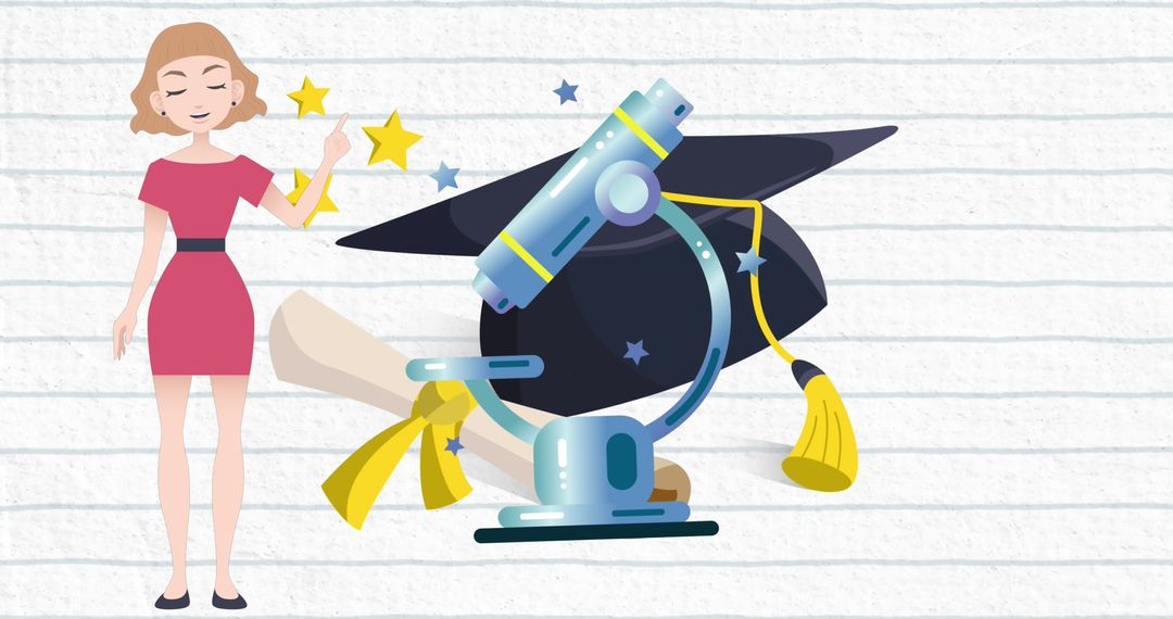 Woman Celebrating Knowledge with School Icons and Graduation Theme