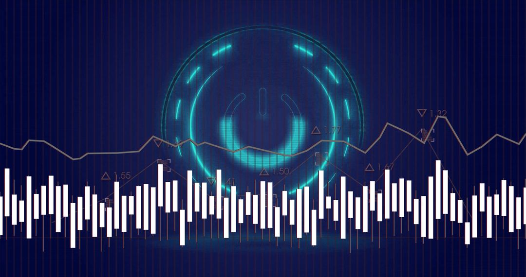 Glowing Neon Power Icon Over Data Dashboard Showing Audio Equalizer and Line Chart